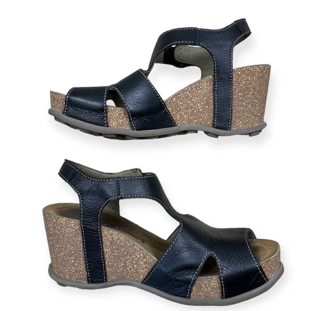 Fly London Goda Wedge Sandal Leather Cork 37 Black - Picture 8 of 12